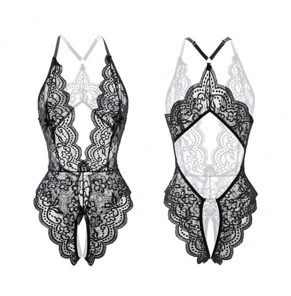 FEE ET MOI - Deep V Lace Open-Crotch Bodysuit (Plus Size - Black)